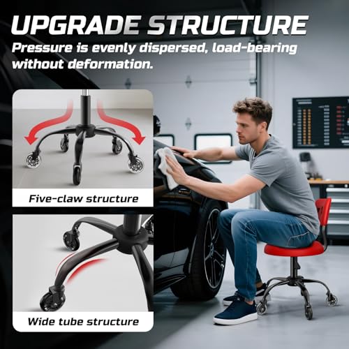 FreekyFit Rolling Shop Stool with Wheels, Mechanic Garage Short Stool Chair with Adjustable Height 15.55"-18.3", Heavy Duty Swivel Roller Seat for Garage, Salon and Tattoo Beauty, Red
