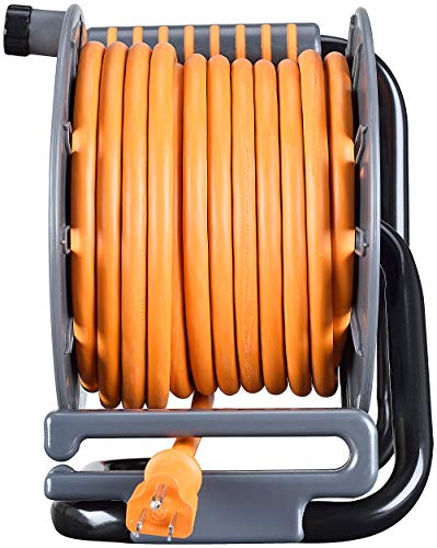 Masterplug 75ft Cord Reel, Retractable Extension Lead with Winding Handle, Safety Overload Circuit Breaker and Power Switch, 4x Grounded Outlets, 2x USB Ports, 15amps, 12AWG Cable