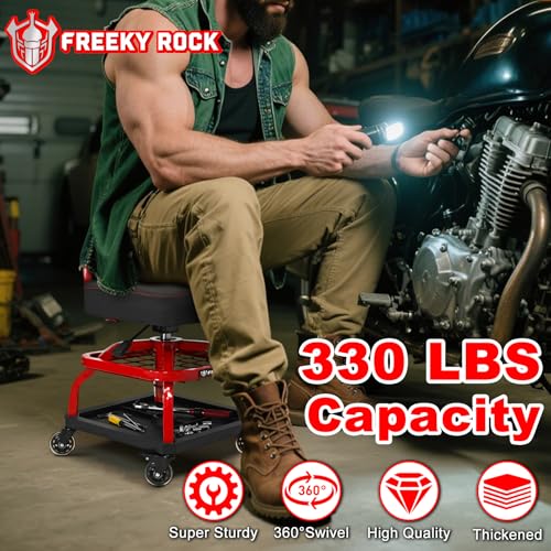FREEKYROCK Rolling Shop Stool with Wheels, Garage Mechanic Shop Chair with Handle Backrest, Adjustable Height Work Stool, Roller Seat with Tool Tray Storage, Heavy Duty, 330 LBS Capacity, Red