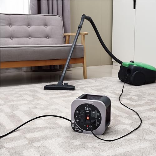 Link2Home 25 Ft. Retractable Extension Cord Reel, 3 Outlets, Gray