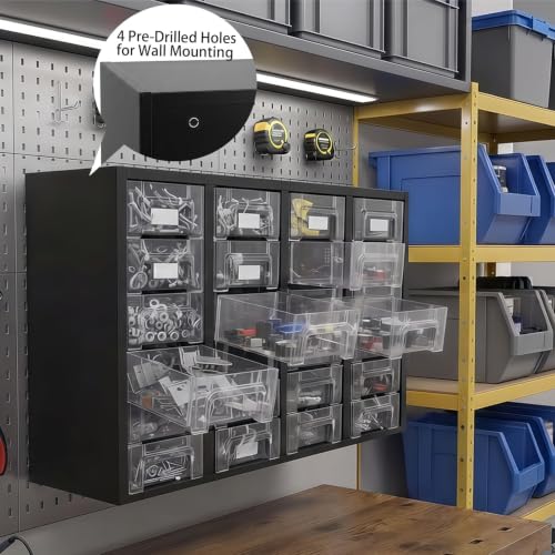 Nut and Bolt Organizer with 24 Clear Drawers, Heavy Duty Metal Hardware Organizer Cabinet, 48 Adjustable Dividers for Screws, Fasteners, Washers & Small Parts, Stackable Wall Mount Storage Cabinet