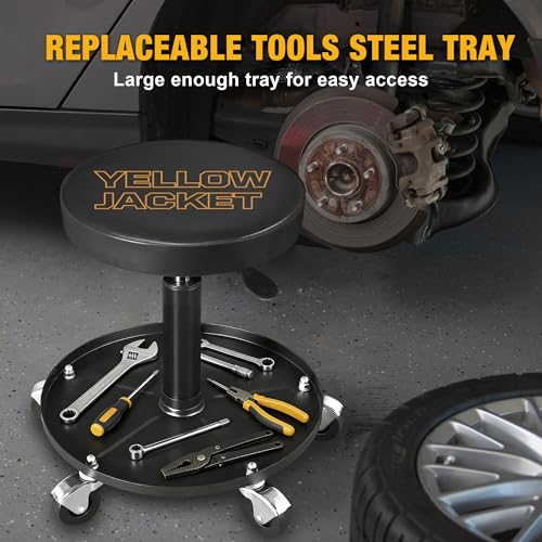 YELLOW JACKET Pneumatic Rolling Mechanic Stool with Wheels 250lb Capacity Adjustable Height Garage Shop Seat with Tool Tray for Auto Repair Workshop