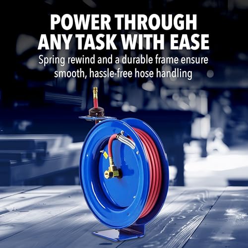 Coxreels P-LP-350 Retractable Air/Water Low-Pressure Hose Reel, P Series, 3/8 in x 50 in 300 PSI - Easy-to-Use Compact Design- Heavy-Duty Steel Construction, Made in The USA