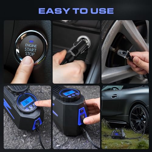 FADAKWALT Tire Inflator Portable Air Compressor, 12V DC Car Air Pump with Auto Shutoff, 150 PSI Digital Gauge, LED Light, Metal Valve Connector, Accessories for Cars, Blue