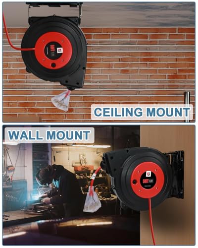 EP Retractable Extension Cord Reel, 50 Ft Heavy Duty Power Cord, 14 AWG/3C SJTOW, 13 AMP Circuit Breaker, Lighted Triple Tap, Ceiling or Wall Mount