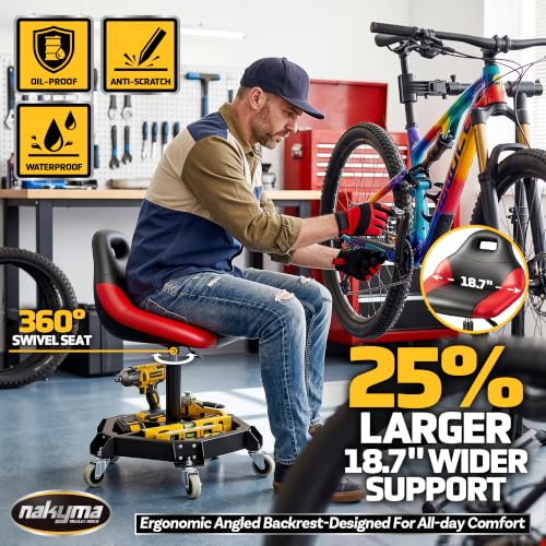 Nakyma Rolling Shop Stool with Wheels, 330 LBS Capacity Garage Stool Mechanic Stool Seat with Backrest and Tool Tray Storage, Pneumatic Work Chair Adjustable Height Mechanic Chair for Workshop, Red