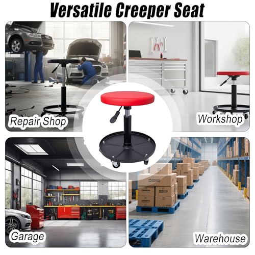 QCUNMAG Mechanic Stool, 300 LBS Rolling Pneumatic Creeper Garage/Shop Seat, Adjustable Height Padded Rolling Workshop Stool with Tool Tray, for Garage, Shop, Auto Repair (Red)