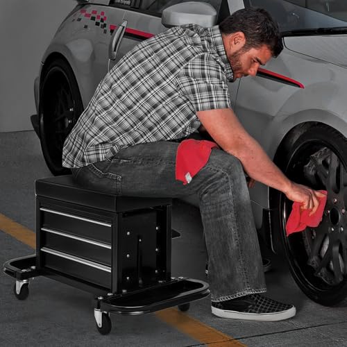 Magshion Garage Creeper Seat with 3-Drawer Storage, 350 lbs Capacity Rolling Mechanic Stool, Padded Shop Seat with Tool Tray, Adjustable Workshop Creeper Stool on Wheels for Auto Repair & Detailing