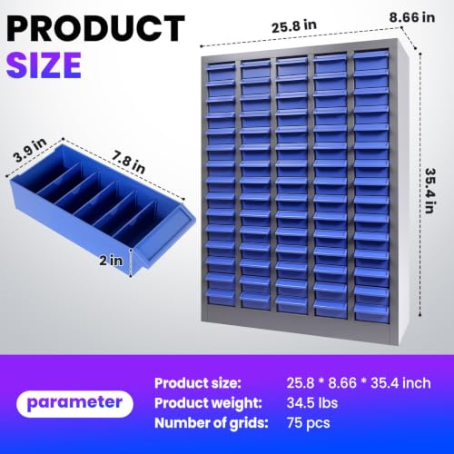 Nut and Bolt Storage Cabinet with ABS Drawer,Steel Small Parts Storage Organizer,35.4" Hx8.66 Dx25.8 W Screw Organization for Garage Hardware,Nails,Fastener,Bolts,and More (75 ABS Drawers) (75)