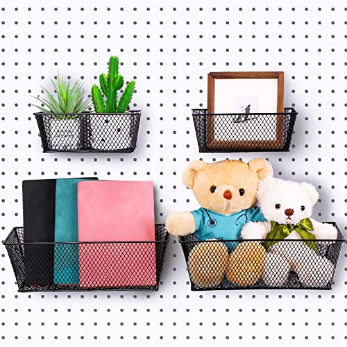 Sieral 4 Pcs Pegboard Baskets Metal Wire Shelf Baskets Peg Board Organizer Accessories Wall Mount Organizer Attachments for Garage Workbench Various Tool Accessories, 2 Sizes (Black,Large)