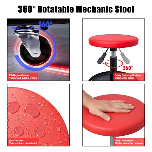 QCUNMAG Mechanic Stool, 300 LBS Rolling Pneumatic Creeper Garage/Shop Seat, Adjustable Height Padded Rolling Workshop Stool with Tool Tray, for Garage, Shop, Auto Repair (Red)