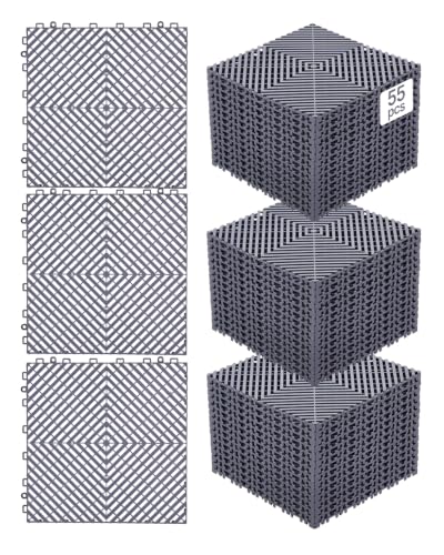 VEVOR Interlocking Drainage Mat, 12” x 12” Modular Interlocking Cushion, 55 Pcs Splicing Drainage Mats, Non-Slip PP Drainage Floor Tile and Shower Mat, for Garage, Garden, Kitchen & Outdoor, Gray