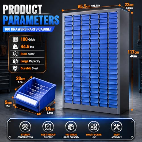 Heavy Duty Parts Cabinet, Alloy Steel Nut and Bolt Organizer with 100 Drawers & Dividers, Small Hardware Storage Cabinet 25.8x8.66x46 Inch for Workshop Garage Tool, Screw Fastener Organization, Blue