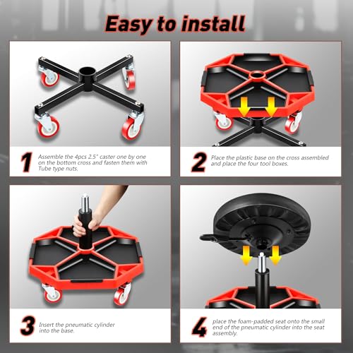 DNA Motoring TOOLS-00253 Adjustable Height Pneumatic Garage Seat Rolling Mechanic Stool with Tool Tray Storage,300lbs Max Weight Capacity
