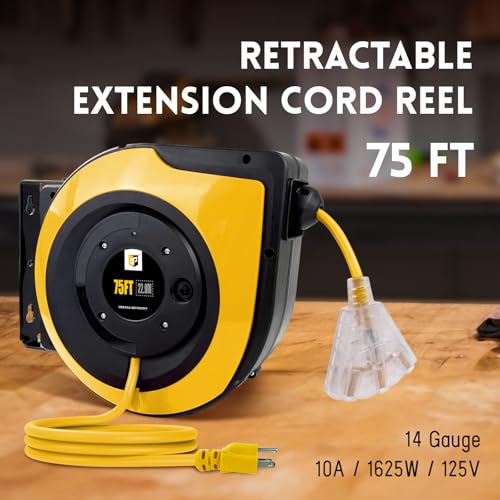 EP Retractable Extension Cord Reel,75 Feet 14 AWG/3C SJTOW Heavy Duty Power Cord,10 AMP Circuit Breaker, 3-Lighted Triple Outlets,Ceiling or Wall Mount Use Indoor, Yellow