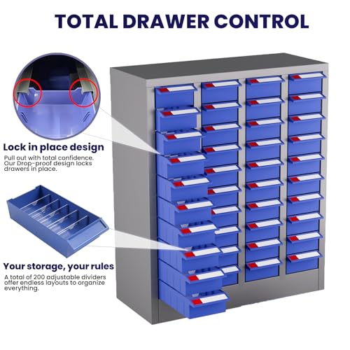 QUARPAL 40-Drawer Small Parts Cabinet Organizer with 200 Dividers, 40 Labels, Heavy Duty Steel Bolt Bin with ABS Drawers, Bolt and Nut Tool Storage Cabinet for Hardware, Nut, Bolt, Screw