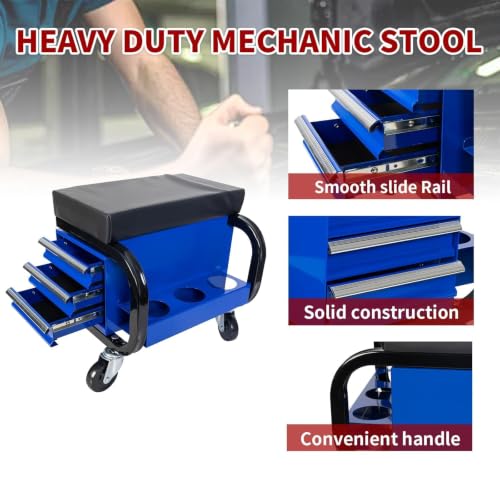 S.Walt Rolling Mechanic Stool with Wheels, Creeper Seat with 3 Built-in Tool Drawers, Side Tool Tray & Rear Bottle Tray for Shop & Work, Garage Use (14" L × 15" W × 15" H)