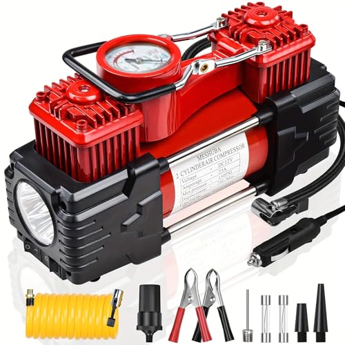 MESHUBA Dual Cylinder Tire Inflator Portable Air Compressor 12 Volt Car Air Pump Car Accessories 150 PSI LED Light, Heavy Duty Off Road for Truck, SUV, Car, RV(RED)