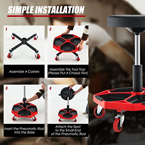 Goplus Rolling Garage Stool, 16”-22” Adjustable Mechanic Stool with Universal Wheels, Removable Magnetic Tool Tray, 2” Thick Padded Cushion, 330LBS Capacity, Roller Creeper Seat, Shop Chair
