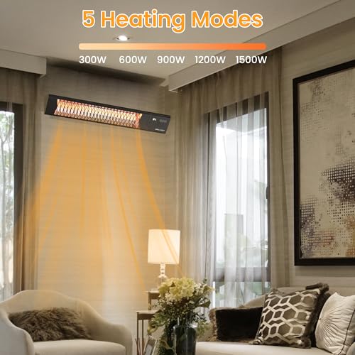 DWELLCOZY 2s Wall-Mounted Patio Heater 5 Modes, Indoor/Outdoor Heaters for Patio, 1500W Infrared Electric Garage Heaters with Remote, Space Heater for Garden,Backyard IP55 Resistant, 24H Timer, Black