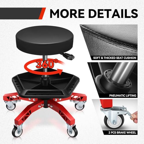 Auto Dynasty Rolling Mechanic Stool, Height Adjustable Heavy Duty Roller Creeper Garage Shop Seat with Padded Seat and Tool Storage Tray for Workshop Auto Repair, 300 LBS Capacity, Red