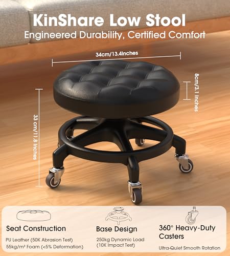 KinShare Upgraded Low-Profile Rolling Stool with 360° Smooth Rubber Wheels – Heavy-Duty 450lbs, Puffed PU Seat & Anti-Tip Base | Ideal for Home, Office, Salon, Workshop, Mechanic, Garage, Black