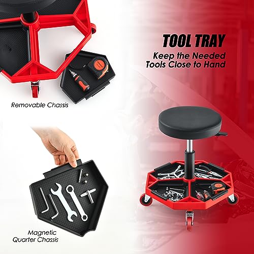 IRONMAX Rolling Mechanic Stool with Removable Tool Tray & Padded Cushion