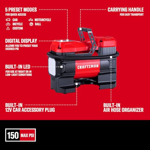 CRAFTSMAN Portable 12V Tire Inflator with Digital Gauge & Auto Shut-Off