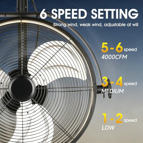 AHAWILL 20 Inch Wall Mount Fan with Lights,6-Speed High Velocity Wall Fan Dimmable Gazebo Fan,360°Adjustable Tilt Industrial Outdoor Fans for Patio,Garage,Workshop,Commercial,Black
