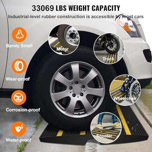 VEVOR Rubber Curb Ramps for Driveway, 2 Pack Threshold Bridge, 33069 lbs Load Capacity, 2.5" Rise, with Reflective Safety Strips, Ideal for Cars, RVs, Scooters and Motorcycles to Prevent Car Scraping