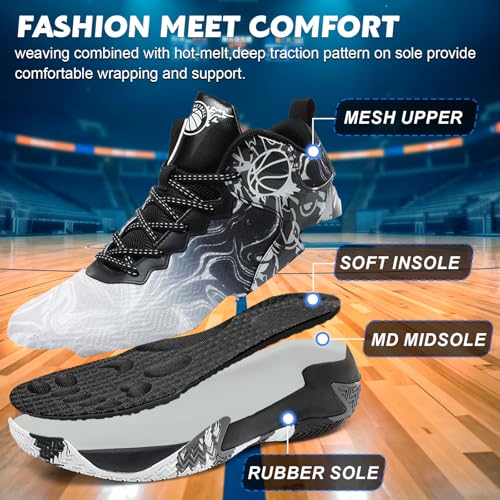 MAIZUN Mens Basketball Shoes Fashion Non-Slip Lightweight Breathable Outdoor Sneakers Cushioning Workout Shoes for Running Walking Sports Training Black