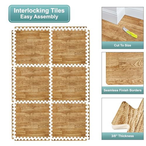Sorbus 96 Sq. Ft. Wood Grain Floor Tiles Foam Mat EVA Interlocking Mats Tile 3/8-Inch Thick Flooring Wood Puzzle Exercise Mats w/Borders - Home Playroom Basement, Apartment, Trade Show, Baby, Dance