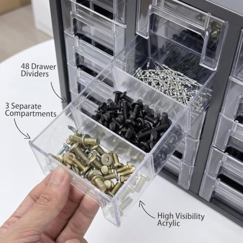 Nut and Bolt Organizer with 24 Clear Drawers, Heavy Duty Metal Hardware Organizer Cabinet, 48 Adjustable Dividers for Screws, Fasteners, Washers & Small Parts, Stackable Wall Mount Storage Cabinet