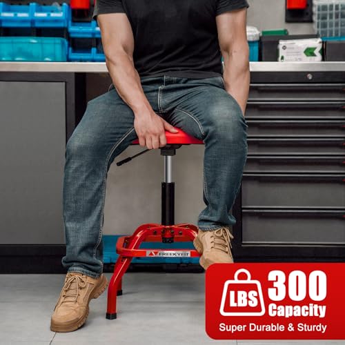 FreekyFit Shop Stool with Backrest, Mechanic Garage Stool for Workshop, Adjustable Shop Stools Chair, Padded Workbench Stools for Men Women, 300 LBS Capacity, 360° Swivel PVC Seat, Heavy Duty, Red