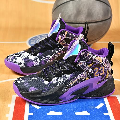 BEMYGREENBAG Mens High Top Basketball Shoes Arch Support Sneakers Comfortable Actual Combat Shoes High Elasticity Sports Shoes Black-Purple Size 10