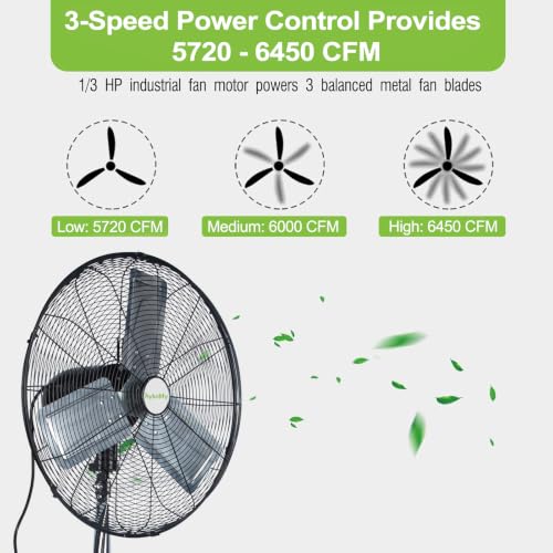 hykolity 24" High Velocity Pedestal Oscillating Fan, 6450 CFM 3-Speed Heavy Duty Industrial Metal Standing Fan with Aluminum Blades and Adjustable Height for Warehouse and Garage