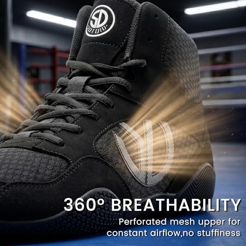 Men's Wrestling Shoes with Lightweight,Sdtdid Boxing Shoes Made of Micro Suede for Gym,Powerlifting,Bodybuilding,Training Etc. Black