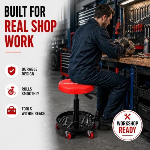 PowerSmart 330 LBS Capacity Roller Seat with Wheels, Pneumatic Rolling Mechanic Stool, 18"-23" Adjustable Height, with Tool Tray, Swivel Creeper Seat for Automotive Repair, Car Detailing & Workshop