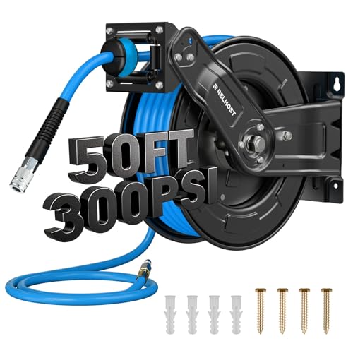 Retractable Air Hose Reel, 50 ft x 3/8 in Hybrid Air Hose (300PSI), Heavy Duty Compressor Hose Reel, Auto Rewind -Wall/Ceiling Mount for Workshops