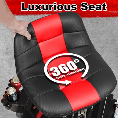 FREEKYROCK Rolling Stool with Wheels, Adjustable Height Pneumatic Garage Work Mechanic Stool Seat with Backrest, 400 LBS Capacity 360° Swivel Mechanic Crepper Chair with Tool Tray Storage, Red