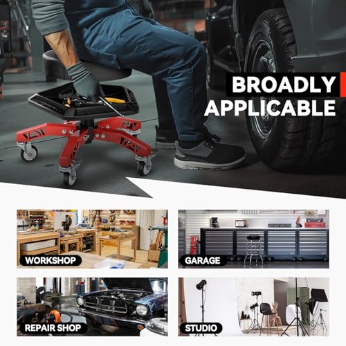 Auto Dynasty Rolling Mechanic Stool, Height Adjustable Heavy Duty Roller Creeper Garage Shop Seat with Padded Seat and Tool Storage Tray for Workshop Auto Repair, 300 LBS Capacity, Red