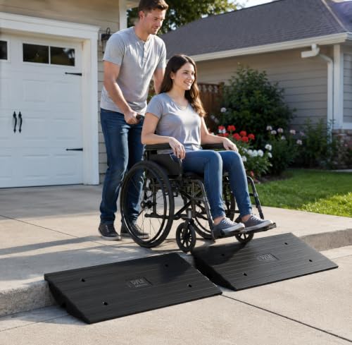 Pyle Car Vehicle Curbside Driveway Ramp - 4ft Heavy Duty Rubber Threshold Bridge Tracks Curb Ramps, 2 Pieces Set (for Car, Truck, Scooter, Bike, Motorcycle, Wheelchair Mobility), Black