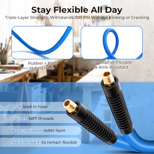 Retractable Air Hose Reel, 3/8" x 100 Ft Hybrid Hose Air Compressor Hose Reel with 6.5 Ft Lead-in Max 300 PSI, Air Hose with Any Length Lock, Automatic Rewind, 180° Swivel Bracket, Quick Coupler