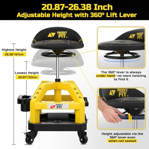 FreekyFit Rolling Shop Stool for Garage with Casters, DO02-Adjustable Height 360° Swivel Shop Seat with Tool Tray Storage, 330 LBS Capacity Padded Mechanic Stool, Magnetic Tool Hold, Heavy Duty,Yellow