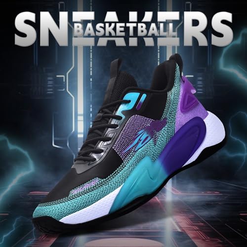 CJSPORX Men Basketball Shoes Non Slip Breathable Outdoor Fashion Sneakers Black&Blue-2 Size 8.5