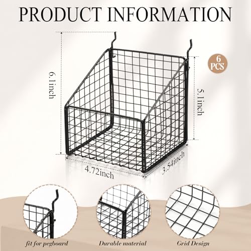 LOYIM 6 Pcs Black Pegboard Baskets Kit Metal Wire Peg Board Shelf Baskets Pegboard Organizer Accessories Bin Set Wall Mount Storage Attachments for Tool Storage Craft Room Garage Small Parts Workbench
