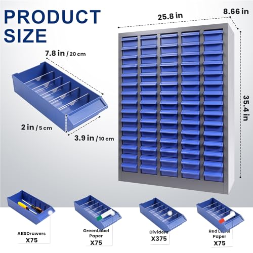 75 Drawer Small Parts Organizer Cabinet with ABS Drawers, Nuts and Bolts and Screw Organizer with Dividers, Hardware Storage with Label Slots, Metal Parts Cabinet for Garage Workshop