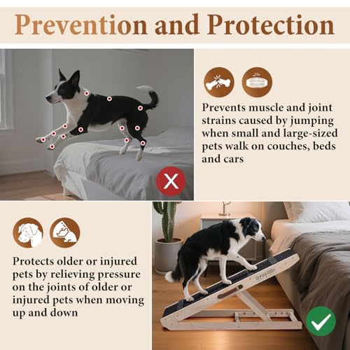 Dog Ramp for Bed - Foldable Small to Large Dog Ramp for Couch - 6 Adjustable Height from 12" to 24" - Stairs with High Traction Mat - Wooden Portable Ramp for Dogs to Get on Bed Couch Car Up to 200LBS