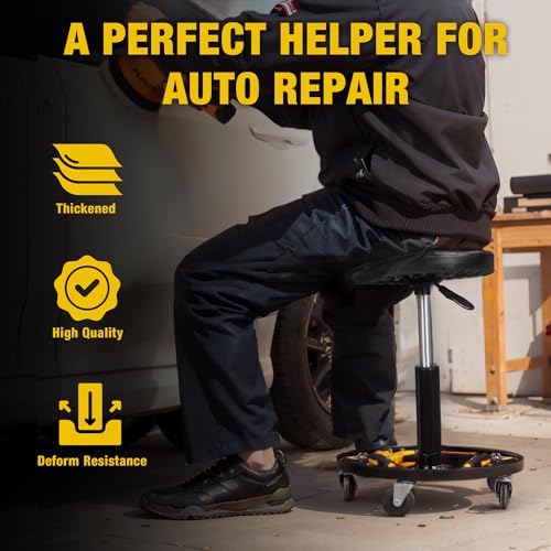 YELLOW JACKET Pneumatic Rolling Mechanic Stool with Wheels 250lb Capacity Adjustable Height Garage Shop Seat with Tool Tray for Auto Repair Workshop
