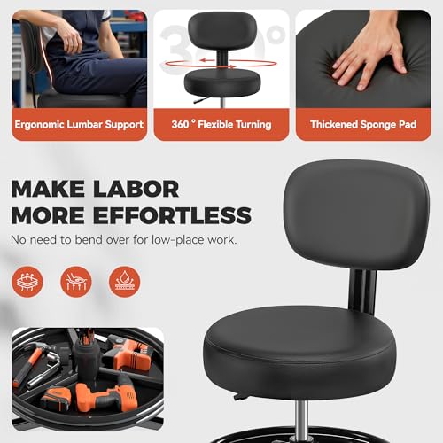 BestGlory Shop Stool with Wheels for Garage, Mechanics Rolling Chair with Backrest, Adjustable Height Heavy Duty Garage Stool with Footrest and Storage Tray, Swivel Task Chair for Workshop Salon